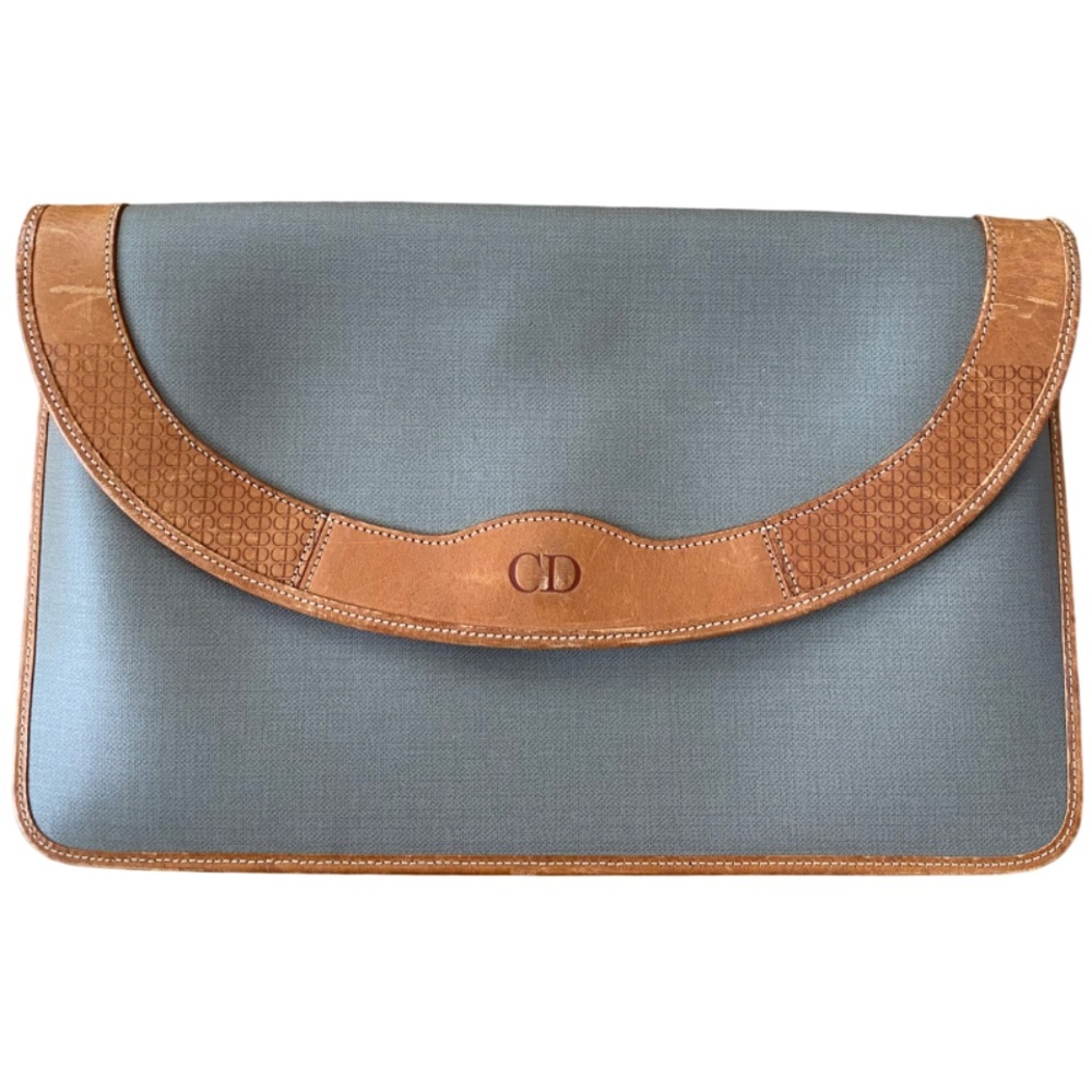 Christian Dior CD vintage clutch gray canvas leather trim